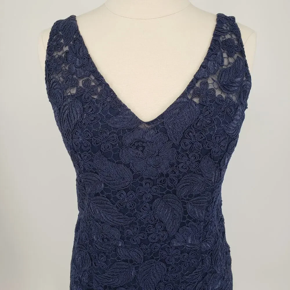 ML Monique Lhuillier Follow Suit Sheath Dress 12 Floral Leaf Lace Cocktail Navy - Picture 11 of 14